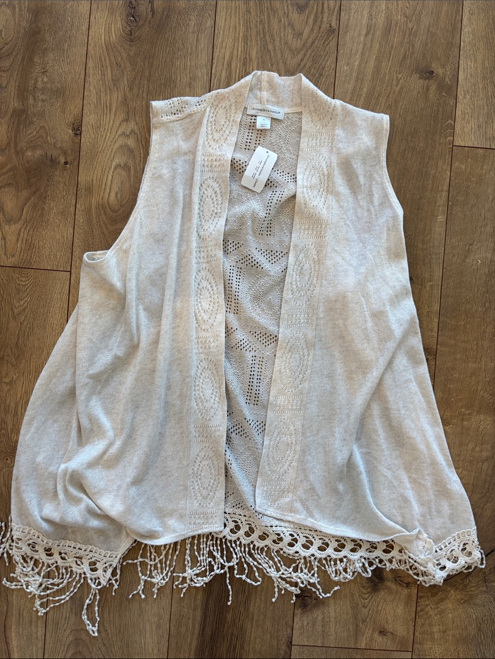 Christopher & Banks Cream Open-Front Fringe Knit Vest